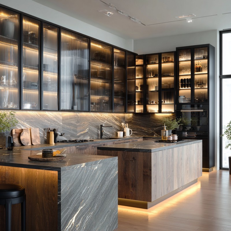 Kabinet Dapur Kaca Bingkai Aluminium